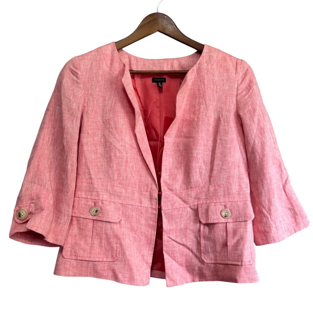 Madison Linen Blazer Women small Pink Excellent 3/4 Sleeve Hook Eye Lined Pocket
